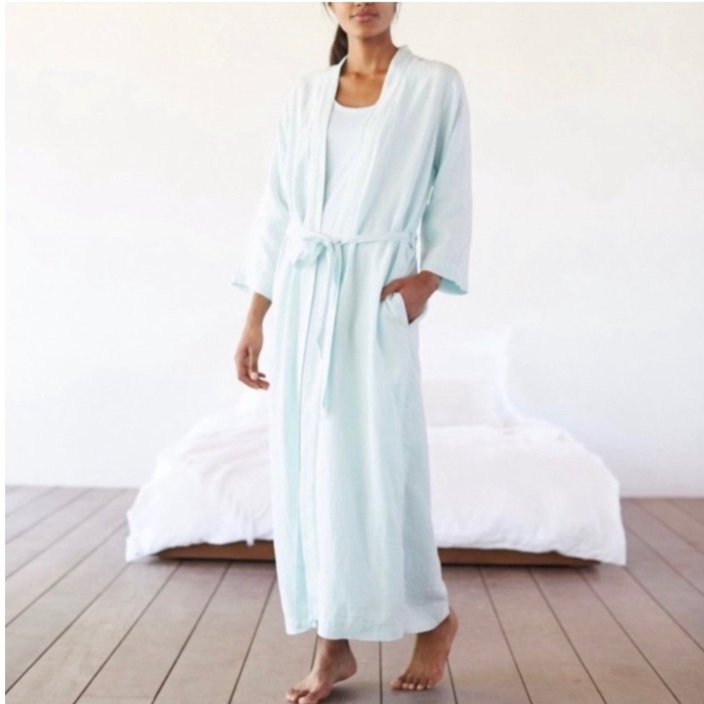 J. Jill Pure Jill Sleep 100% Linen Belted Full-Length Robe Light Aqua Blue Large